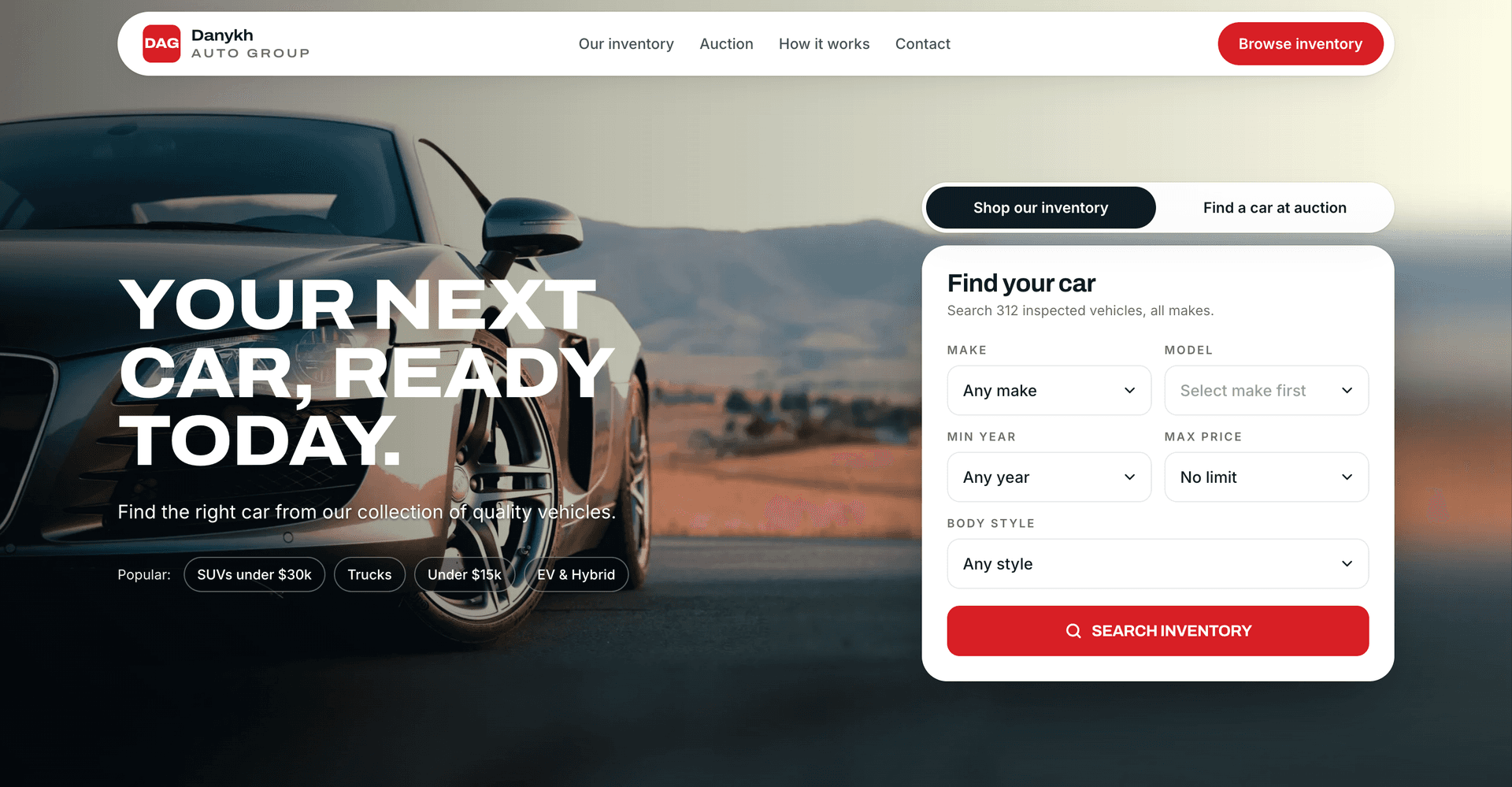 Dealership Platform home page showing the search card that switches between dealership inventory and auction sourcing