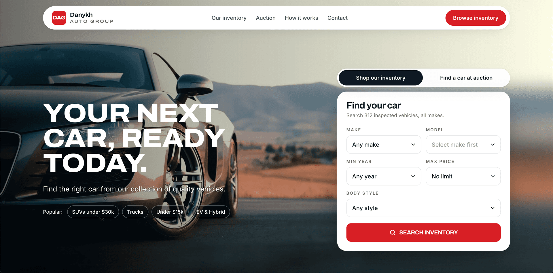 Danykh Auto Group — homepage hero with inventory search
