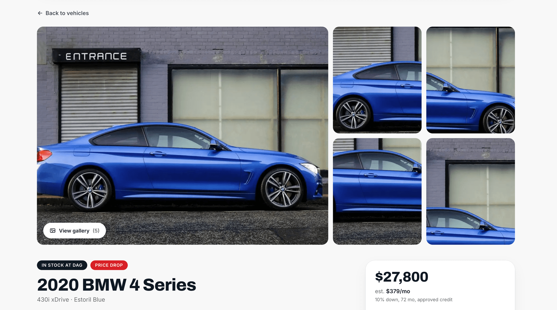 Vehicle detail page photo gallery showing multiple angles of a listed vehicle