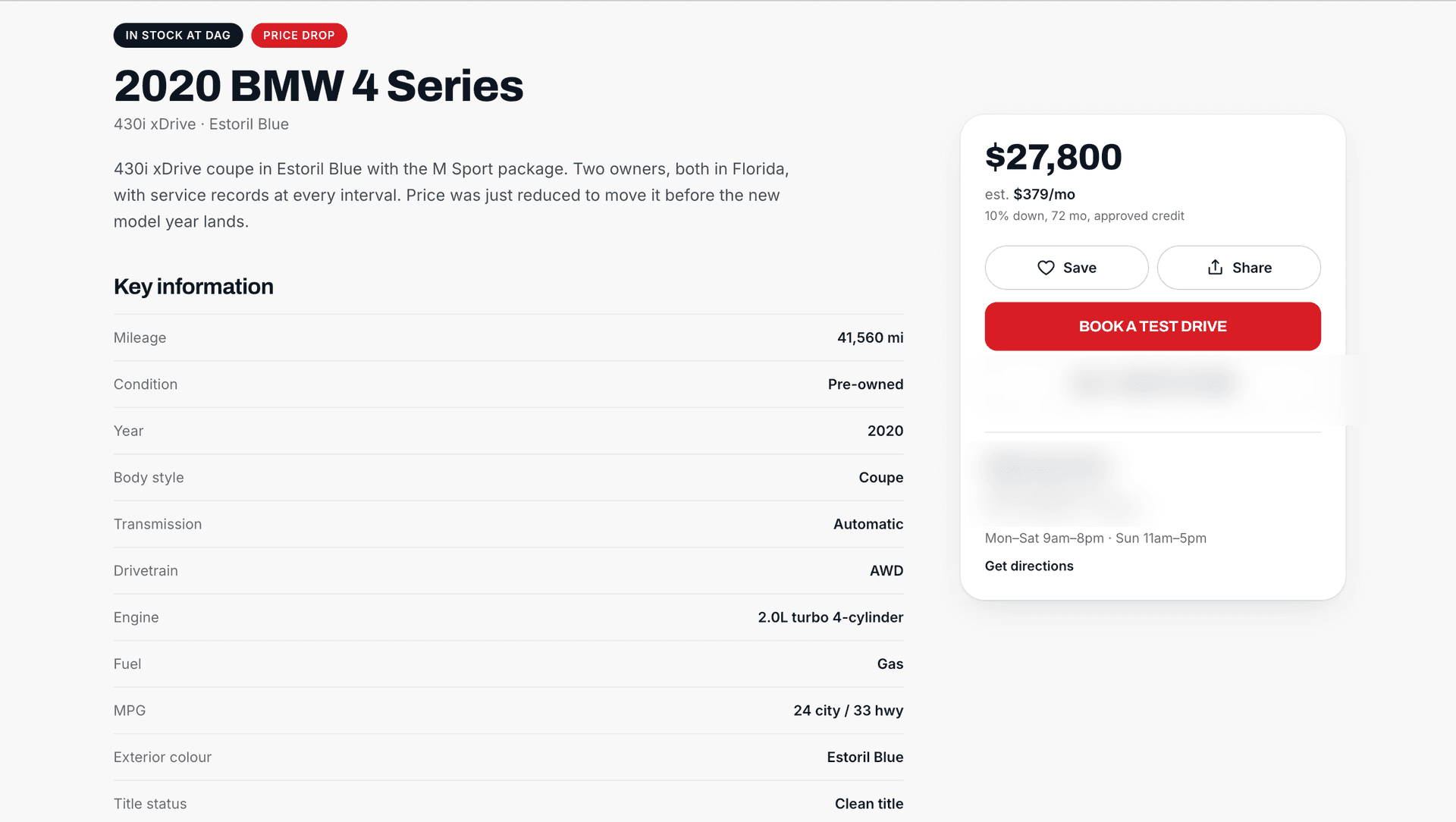 Vehicle detail page specification panel showing price, mileage, and calculated monthly payment