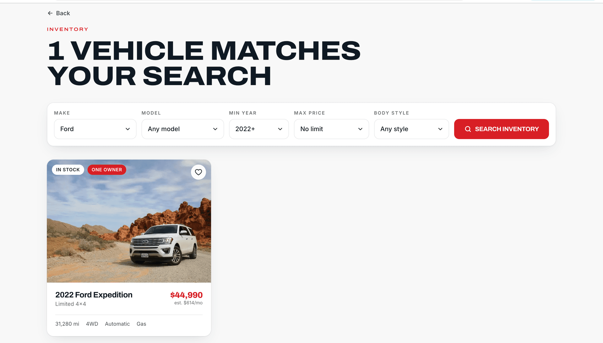 Filtered inventory search results showing active filters (Ford, 2022+) and a single matching vehicle